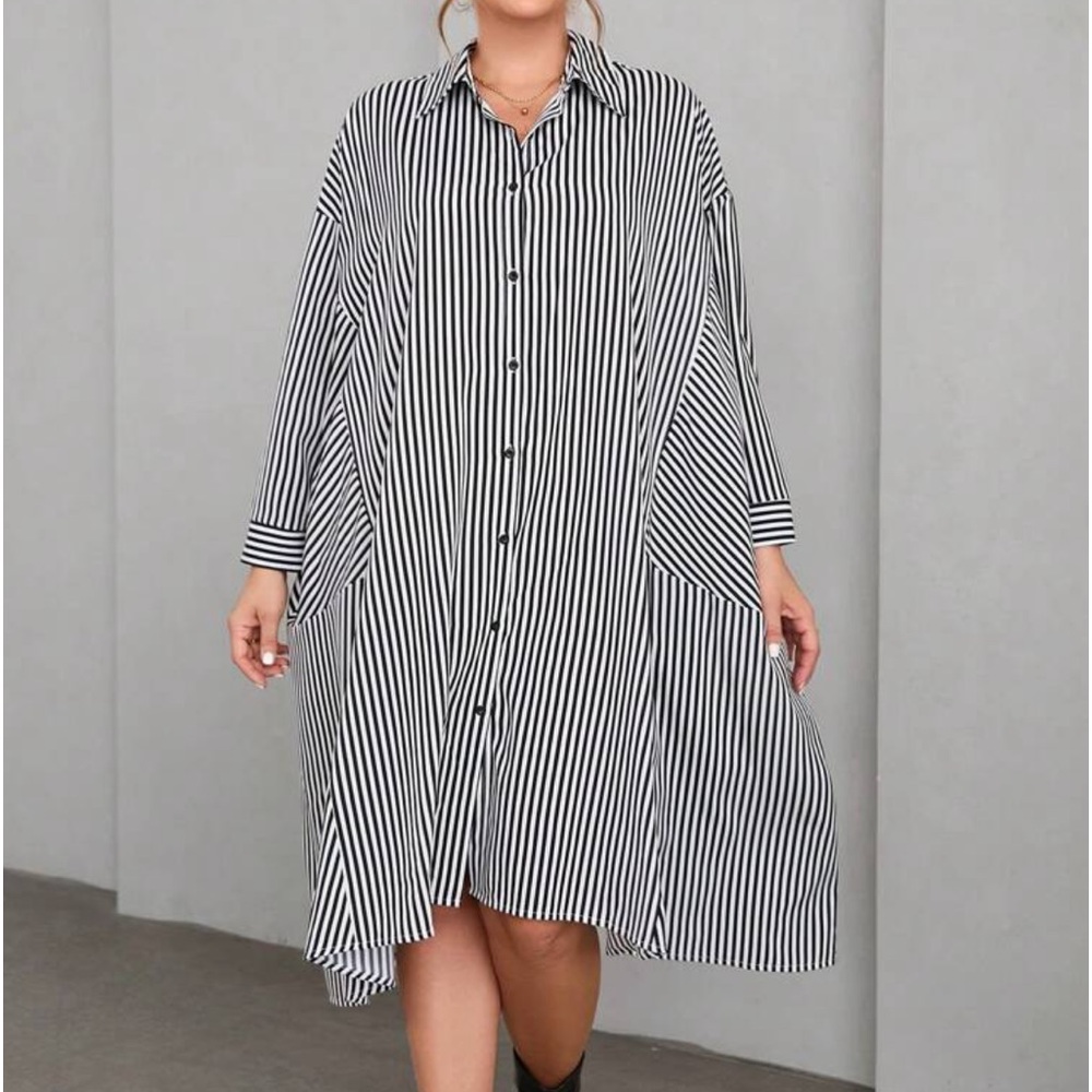 Classic Elegant Asymmetrical Hem Button Down Shirt Dress Black White - Picture 5 of 6